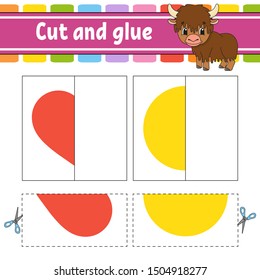 Cut and play. Paper game with glue. Flash cards. Color puzzle. Education developing worksheet. Activity page. For children. Funny character. Isolated vector illustration. Cartoon style.