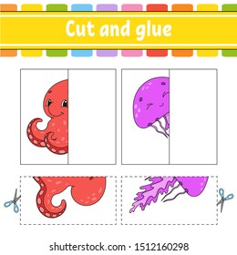 Cut and play. Paper game with glue. Flash cards. Color puzzle. Education developing worksheet. Activity page. For children. Funny character. Isolated vector illustration. Cartoon style.
