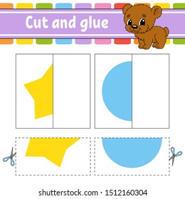 Cut and play. Paper game with glue. Flash cards. Color puzzle. Education developing worksheet. Activity page. For children. Funny character. Isolated vector illustration. Cartoon style.