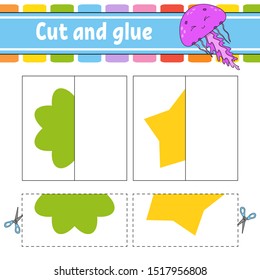 Cut and play. Paper game with glue. Flash cards. Color puzzle. Education developing worksheet. Activity page. For children. Funny character. Isolated vector illustration. Cartoon style.