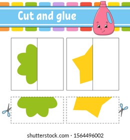Cut and play. Paper game with glue. Flash cards. Color puzzle. Education developing worksheet. Activity page. For children. Funny character. Isolated vector illustration. Cartoon style.