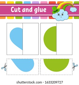 Cut and play. Paper game with glue. Flash cards. Education worksheet. Rainbow, circle, heart. Activity page. Funny character. Isolated vector illustration. Cartoon style.