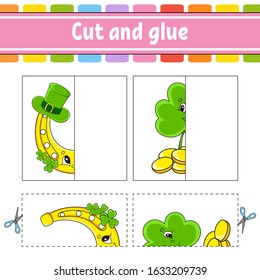 Cut and play. Paper game with glue. Flash cards. Education worksheet. Horseshoe, clover. St. Patrick's day. Activity page. Funny character. Isolated vector illustration. Cartoon style.