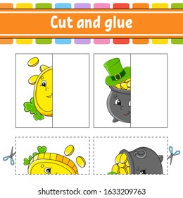 Cut and play. Paper game with glue. Flash cards. Education worksheet. Coin, pot. St. Patrick's day. Activity page. Funny character. Isolated vector illustration. Cartoon style.