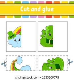 Cut and play. Paper game with glue. Flash cards. rainbow, hat. Education worksheet. Activity page. Funny character. Isolated vector illustration. St. Patrick's day. Cartoon style.