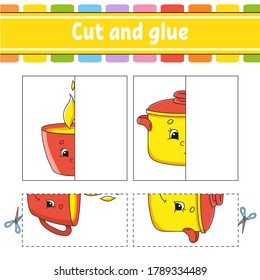 Cut and play. Paper game with glue. Flash cards. Education worksheet. Activity page. Funny character. Isolated vector illustration. Cartoon style.
