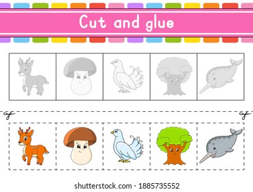Cut and play. Paper game with glue. Flash cards. Education worksheet. Activity page. Scissors practice. Isolated vector illustration. Cartoon style.