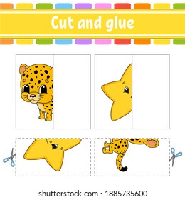Cut and play. Paper game with glue. Flash cards. Education worksheet. Activity page. Funny character. Isolated vector illustration. Cartoon style.