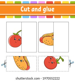 Cut and play. Paper game with glue. Flash cards. Education worksheet. Activity page. Funny character. Isolated vector illustration. Cartoon style.