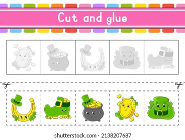 Cut and play. Paper game with glue. Flash cards. Education worksheet. Activity page. Scissors practice. Isolated vector illustration. cartoon style. St. Patrick's day.