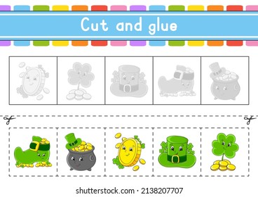 Cut and play. Paper game with glue. Flash cards. Education worksheet. Activity page. Scissors practice. Isolated vector illustration. cartoon style. St. Patrick's day.