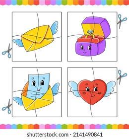 Corta y juega. Juego de papel con pegamento. Tarjetas flash. Hoja de trabajo de educación. Actividad. Carácter gracioso. Ilustración vectorial aislada. estilo de dibujos animados. Día de San Valentín