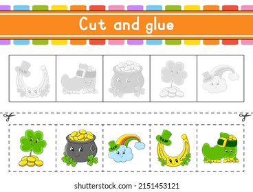 Cut and play. Paper game with glue. Flash cards. Education worksheet. Activity page. Scissors practice. Isolated vector illustration. cartoon style. St. Patrick's day.