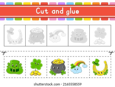 Cut and play. Paper game with glue. Flash cards. Education worksheet. Activity page. Scissors practice. Isolated vector illustration. cartoon style. St. Patrick's day.