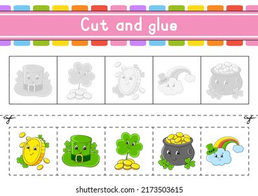 Cut and play. Paper game with glue. Flash cards. Education worksheet. Activity page. Scissors practice. Isolated vector illustration. cartoon style. St. Patrick's day.