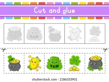 Cut and play. Paper game with glue. Flash cards. Education worksheet. Activity page. Scissors practice. Isolated vector illustration. cartoon style. St. Patrick's day.