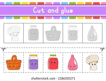 Cut and play. Paper game with glue. Flash cards. Education worksheet. Activity page. Scissors practice. Isolated vector illustration. cartoon style.