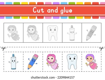 Cut and play. Paper game with glue. Flash cards. Education worksheet. Activity page. Scissors practice. Isolated vector illustration. cartoon style.