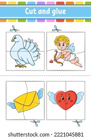 Corta y juega. Juego de papel con pegamento. Tarjetas flash. Hoja de trabajo de educación. Actividad. Carácter gracioso. Ilustración vectorial aislada. estilo de dibujos animados. Día de San Valentín