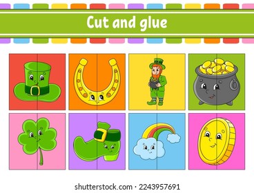 Cut and play. Paper game with glue. Flash cards. Education worksheet. Activity page. St. Patrick's Day. Isolated vector illustration. cartoon style.