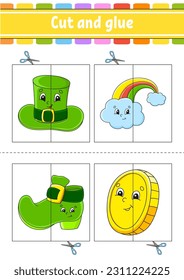 Cut and play. Paper game with glue. Flash cards. Education worksheet. Activity page. St. Patrick's Day. Isolated vector illustration. cartoon style.