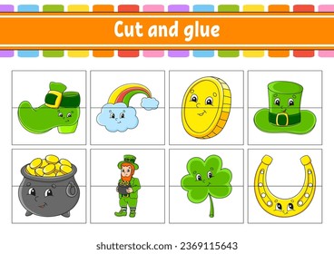 Cut and play. Paper game with glue. Flash cards. Education worksheet. Activity page. St. Patrick's Day. Isolated vector illustration. cartoon style.