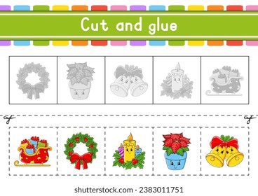 Cut and play. Paper game with glue. Flash cards. Education worksheet. Activity page. Scissors practice. Vector illustration.