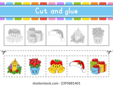 Corta y juega. Juego de papel con pegamento. Tarjetas flash. Hoja de trabajo de educación. Actividad. La práctica de las tijeras. Ilustración vectorial.