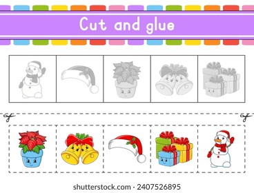 Cut and play. Paper game with glue. Flash cards. Education worksheet. Activity page. Scissors practice. Vector illustration.