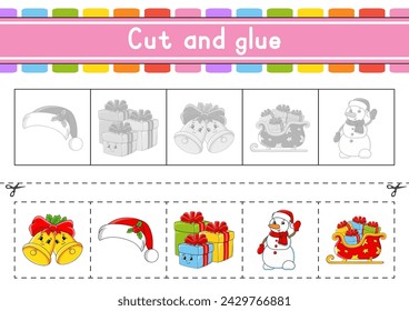 Cut and play. Paper game with glue. Flash cards. Education worksheet. Activity page. Scissors practice. Vector illustration.