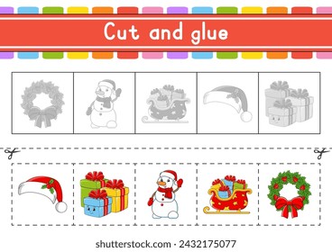 Cut and play. Paper game with glue. Flash cards. Education worksheet. Activity page. Scissors practice. Vector illustration.