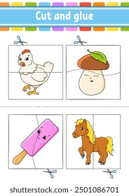 Cut and play. Paper game with glue. Flash cards. Education worksheet. Activity page. Funny character. cartoon . Vector illustration.