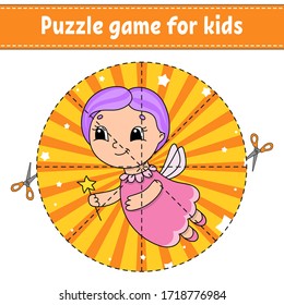 Cut and play. Round puzzle. Elderly fairy. Logic puzzle for kids. Activity page. Cutting practice for preschool. Cartoon character.