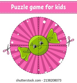 Cut and play. Round puzzle. Logic puzzle for kids. Activity page. Birthday theme. Cutting practice for preschool. cartoon character.