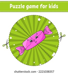 Cut and play. Round puzzle. Logic puzzle for kids. Activity page. Birthday theme. Cutting practice for preschool. cartoon character.