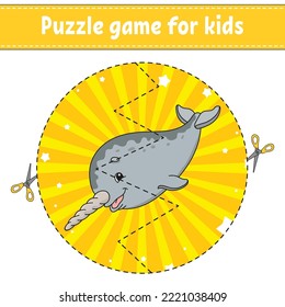 Cut and play. Round puzzle. Logic puzzle for kids. Activity page. Cutting practice for preschool. cartoon character. Vector illustration.