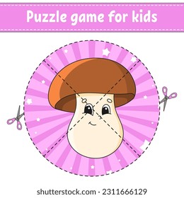 Corta y juega. Rompecabezas redondo. Rompecabezas lógico para los niños. Actividad. Práctica de corte para preescolar. personaje de dibujos animados. Ilustración vectorial.
