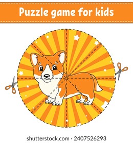 Cut and play. Round puzzle. Logic puzzle for kids. Activity page. Cutting practice for preschool. cartoon character. Vector illustration.