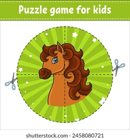 Cut and play. Round puzzle. Logic puzzle for kids. Activity page. Cutting practice for preschool. Cartoon character.