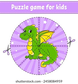 Corta y juega. Rompecabezas redondo. Rompecabezas de lógica para niños. Página de actividad. Práctica de corte para preescolar. personaje de dibujos animados. Ilustración vectorial.
