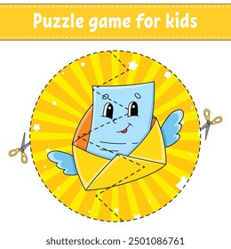 Cut and play. Round puzzle. Logic puzzle for kids. Activity page. Cutting practice for preschool. cartoon character. Vector illustration.