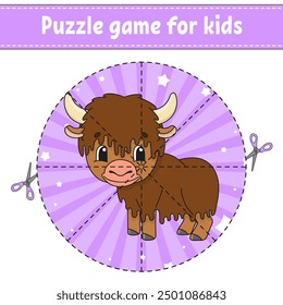 Cut and play. Round puzzle. Logic puzzle for kids. Activity page. Cutting practice for preschool. cartoon character. Vector illustration.