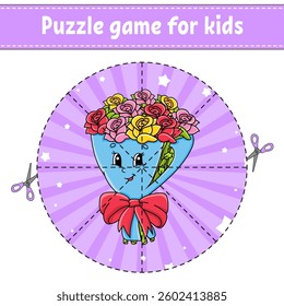 Cut and play. Round puzzle. Logic puzzle for kids. Activity page. Cutting practice for preschool. cartoon character. Vector illustration.