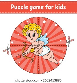 Cut and play. Round puzzle. Logic puzzle for kids. Activity page. Cutting practice for preschool. cartoon character. Vector illustration.