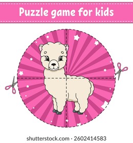 Cut and play. Round puzzle. Logic puzzle for kids. Activity page. Cutting practice for preschool. cartoon character. Vector illustration.