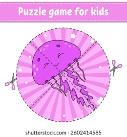 Cut and play. Round puzzle. Logic puzzle for kids. Activity page. Cutting practice for preschool. cartoon character. Vector illustration.