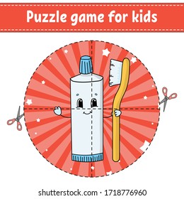 Corta y juega. Rompecabezas redondo. Tubo De Pasta Didentaria Con cepillo De dientes. El rompecabezas lógico para los niños. Página Actividad. Práctica de corte para preescolar. Caricatura.