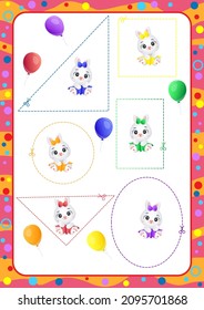 Cut and play. Use scissors. Rabbits learn color and geometric shapes. Vector cute illustrations.
