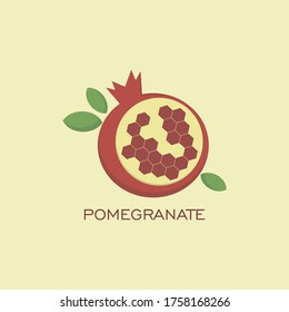 Cut pomegtanate with grains in the form of honeycombs. Vector, logo.