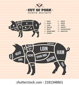 Cut of pork. Vector illustration of pork on a colored background. Pig parts marking	